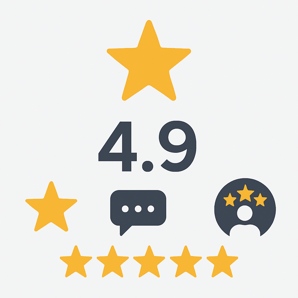 Icônes de satisfaction clients et note 4,9 pour les services CleanCanap & Co